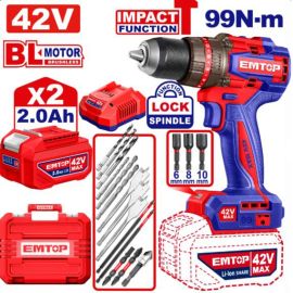 Taladro Percutor Inalámbrico Emtop ECIDL42698142V 2.0Ah 13mm - Rojo/Azul