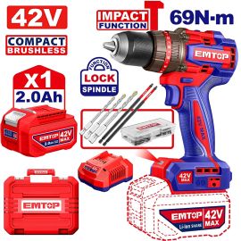 Taladro Percutor Inalámbrico Emtop ECIDL426981 42V 2.0Ah 13mm - Rojo/Azul